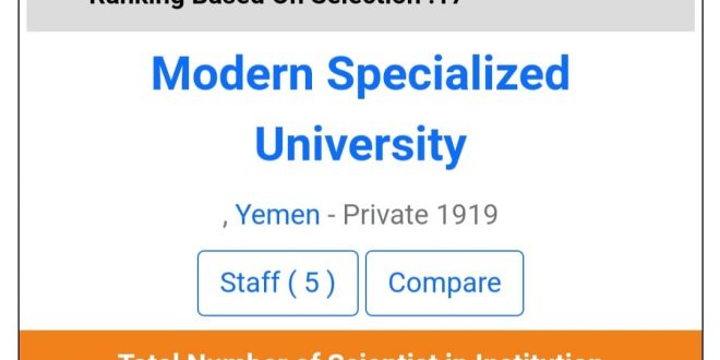 الجامعة التخصصية تحصد المركز 6 بين الجامعات الأهلية والمركز 17 بين الجامعات اليمنية الحكومية والاهلية بحسب تصنيف " AD SCIENTIFIC INDEX 2025 "