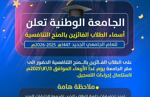 شبكة أخبار التعليم تنشر أسماء الفائزين بالمنح التنافسية بالجامعة الوطنية