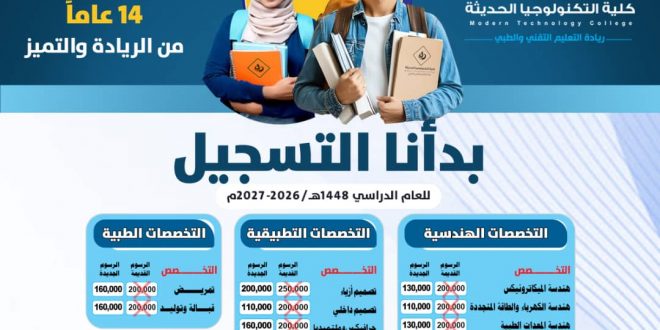 كلية التكنولوجيا الحديثة تعلن بدء التسجيل للعام الجامعي الجديد بتخفيضات ومنح خاصة